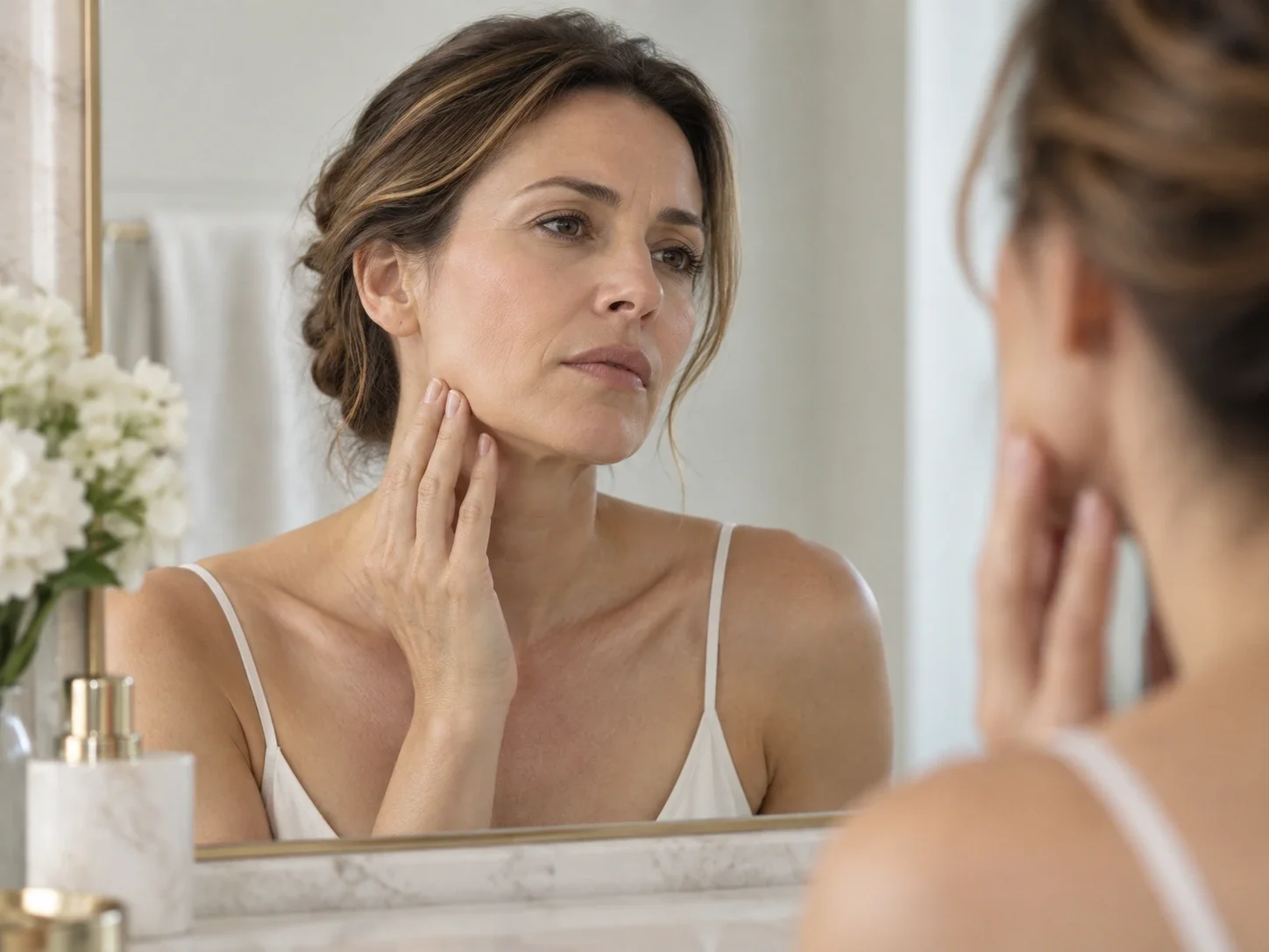 Mulher adulta em momento de autocuidado em conteúdo sobre Liftera e rejuvenescimento facial