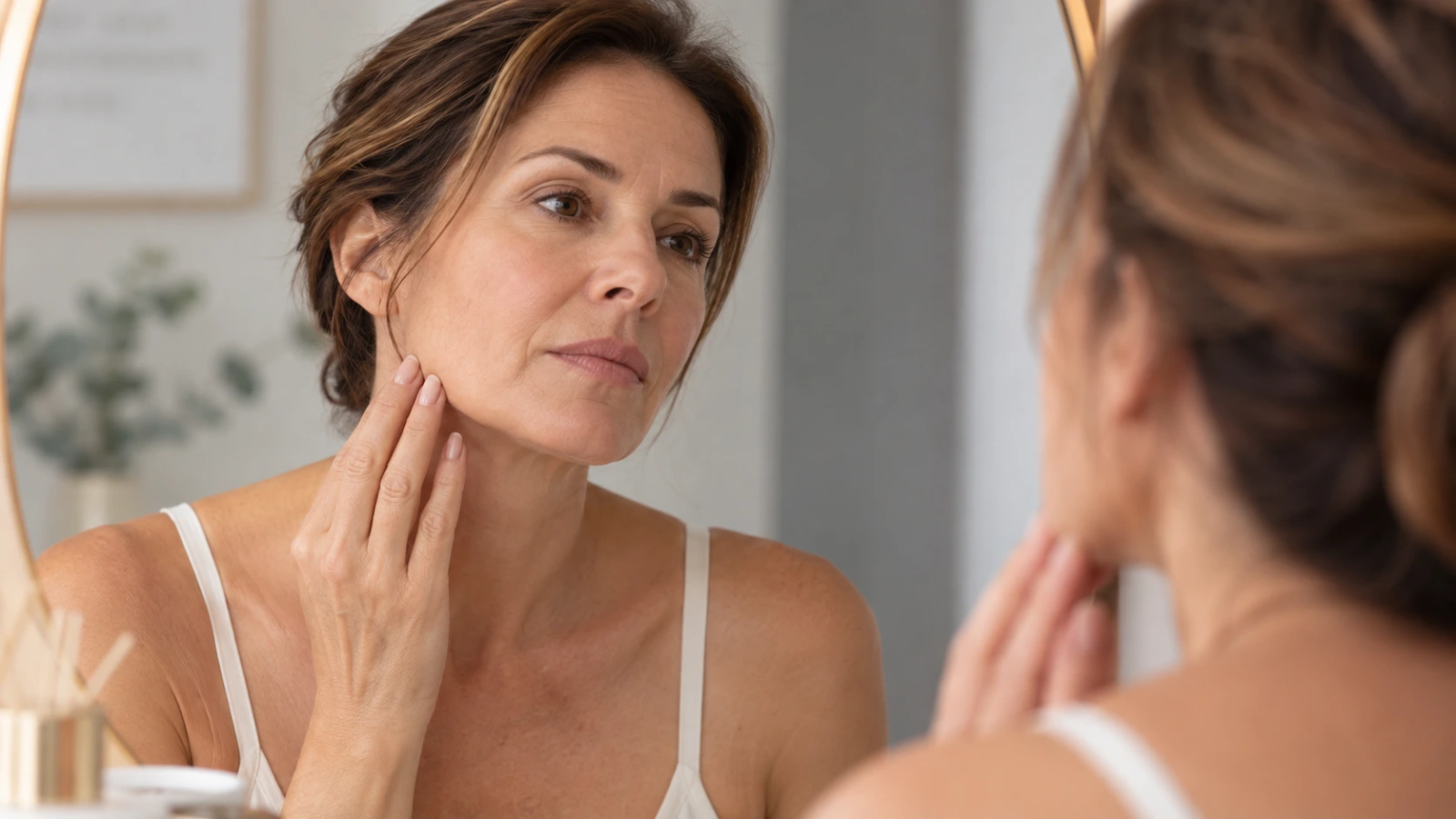 Mulher observando flacidez facial associada ao chamado rosto derretido após emagrecimento